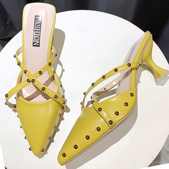Rivets Decorated Pointed Toe Mid Heel Slippers- Yellow Rivets Decorated Pointed Toe Mid Heel Slippers- Yellow |image