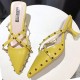 Rivets Decorated Pointed Toe Mid Heel Slippers- Yellow |image