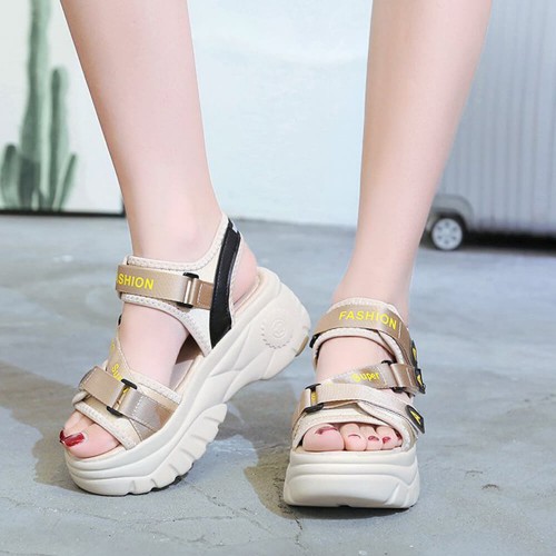 Velcro Open Toe Thick Platform Bottom Sandals - Beige |image