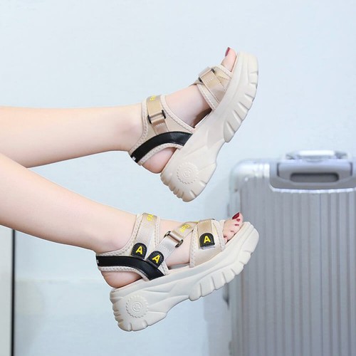 Velcro Open Toe Thick Platform Bottom Sandals - Beige |image