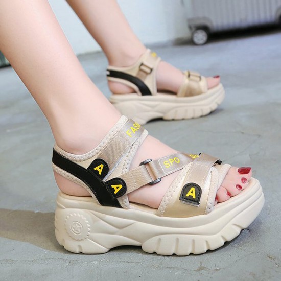 Velcro Open Toe Thick Platform Bottom Sandals - Beige |image
