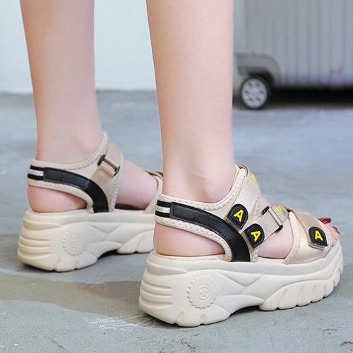 Velcro Open Toe Thick Platform Bottom Sandals - Beige |image