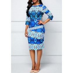 Half Sleeve Floral Printed Knee Length Body-con Dress - Blue 