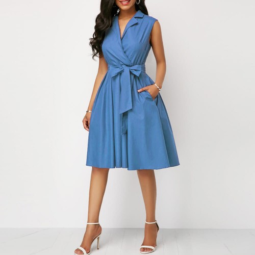 Sleeveless lapels A Line High Waist Midi Dress - Blue |image