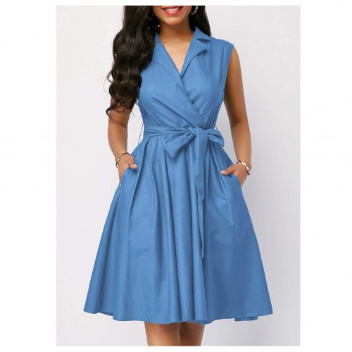 Sleeveless lapels A Line High Waist Midi Dress - Blue |image