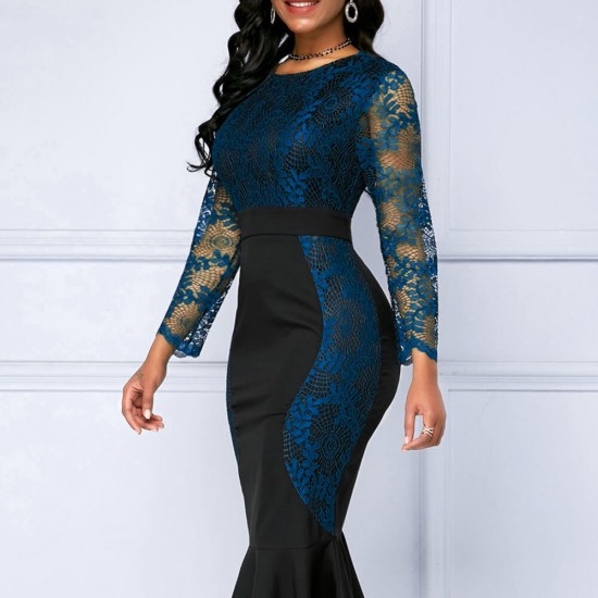 Lace Stitched Hollow Ruffled High Waist Party Dress - Blue |image