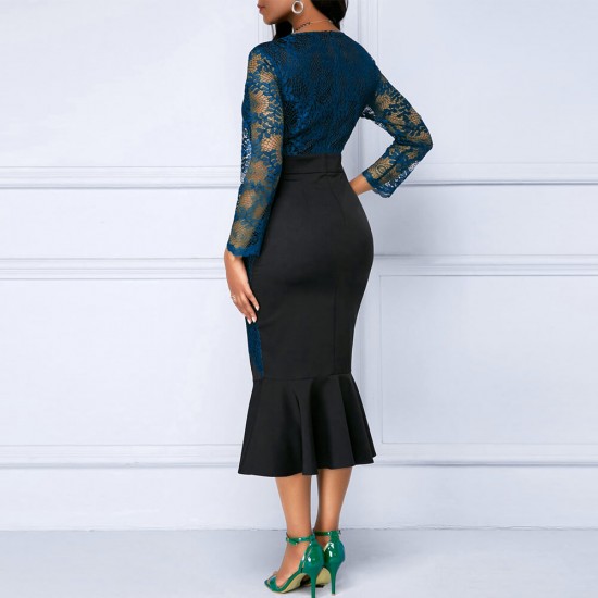 Lace Stitched Hollow Ruffled High Waist Party Dress - Blue |image