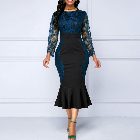 Lace Stitched Hollow Ruffled High Waist Party Dress - Blue |image