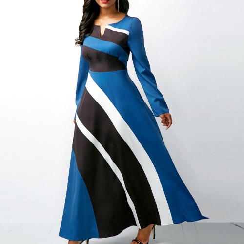 Long Sleeved V Neck Geometric Strip Printed Maxi Dress - Blue |image