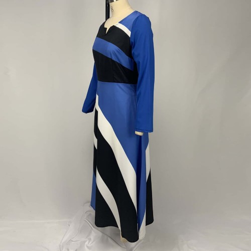 Long Sleeved V Neck Geometric Strip Printed Maxi Dress - Blue |image