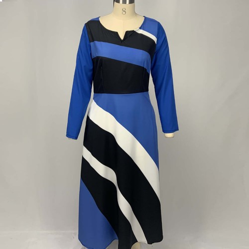 Long Sleeved V Neck Geometric Strip Printed Maxi Dress - Blue |image