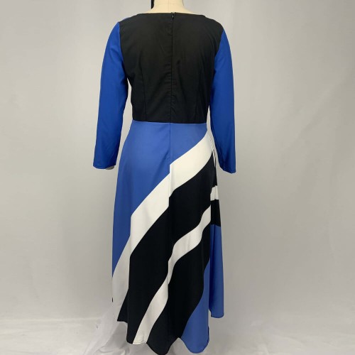 Long Sleeved V Neck Geometric Strip Printed Maxi Dress - Blue |image