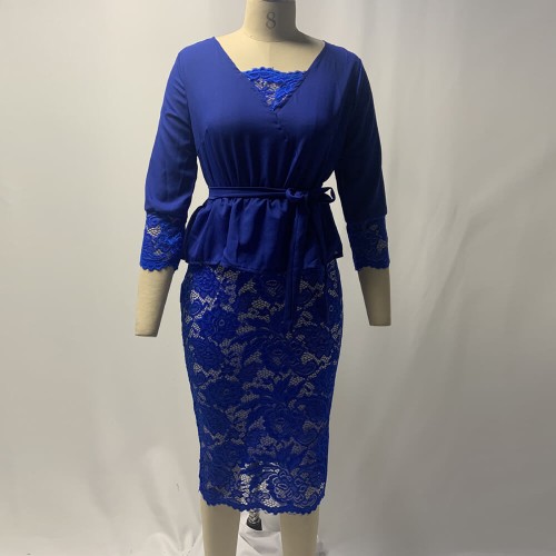 Elegant V-Neck Lace Stitching High Waist Slim Party Dress - Blue |image