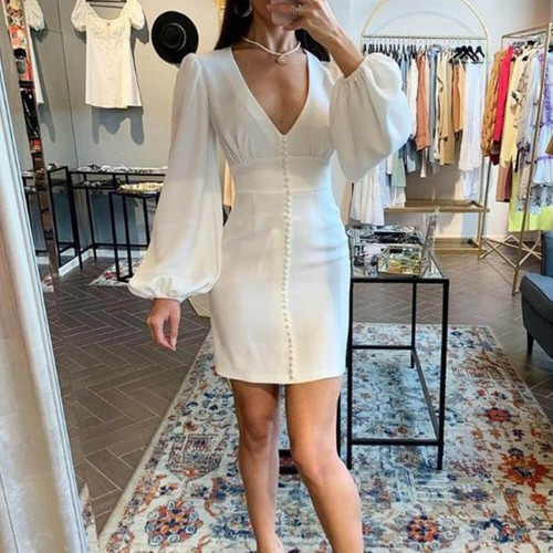 Stylish Balloon Sleeves V-Neck Rivets Decorated Pencil Dress - White |image