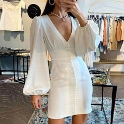 Stylish Balloon Sleeves V-Neck Rivets Decorated Pencil Dress - White  