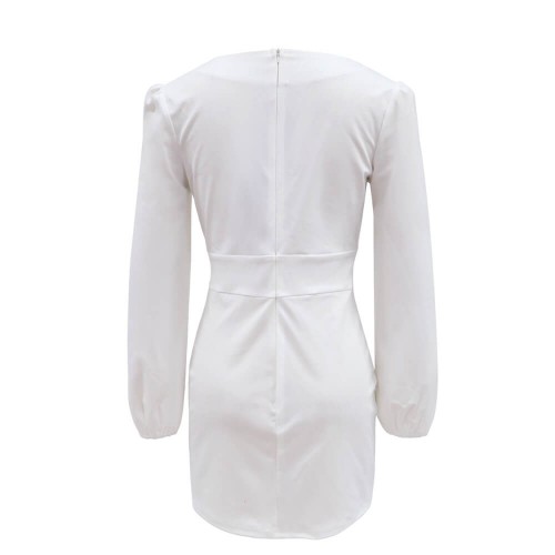 Stylish Balloon Sleeves V-Neck Rivets Decorated Pencil Dress - White |image