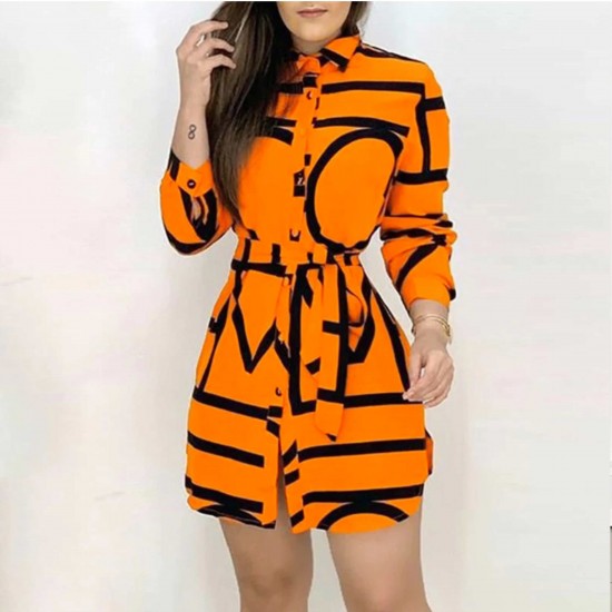 Full Sleeves Stripes Printed A Line Mini Skirt Dress - Orange |image