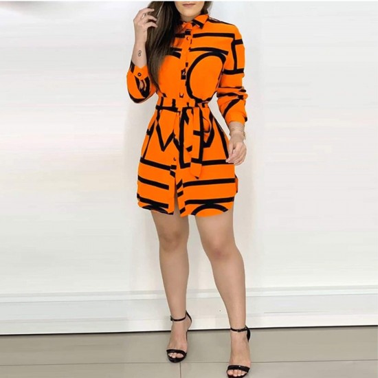 Full Sleeves Stripes Printed A Line Mini Skirt Dress - Orange |image
