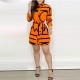 Full Sleeves Stripes Printed A Line Mini Skirt Dress - Orange |image