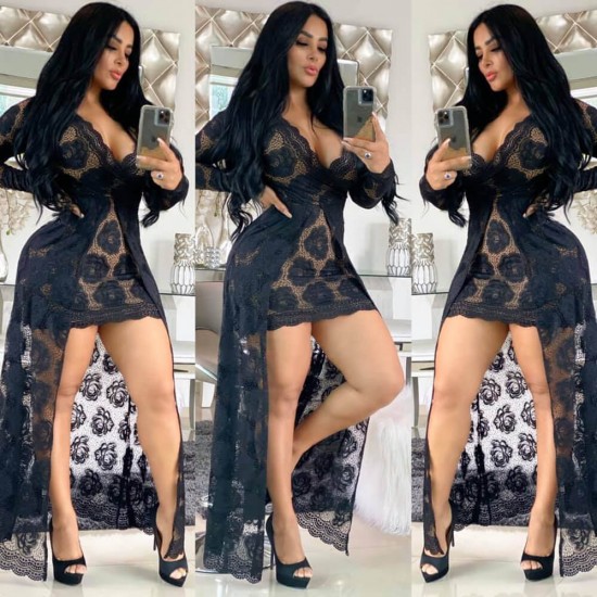 Sexy Hollow Floral Lace Designed Long Party Dress - Black |image