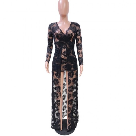Sexy Hollow Floral Lace Designed Long Party Dress - Black |image