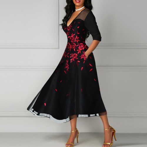 V-Neck Mesh Panel Floral Embroidery Party Dress - Black |image