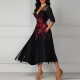 V-Neck Mesh Panel Floral Embroidery Party Dress - Black |image