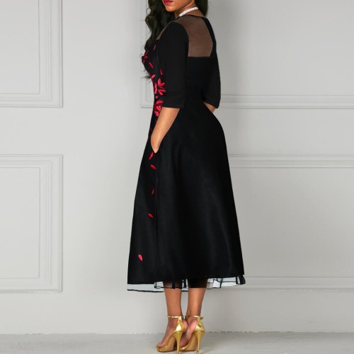 V-Neck Mesh Panel Floral Embroidery Party Dress - Black |image