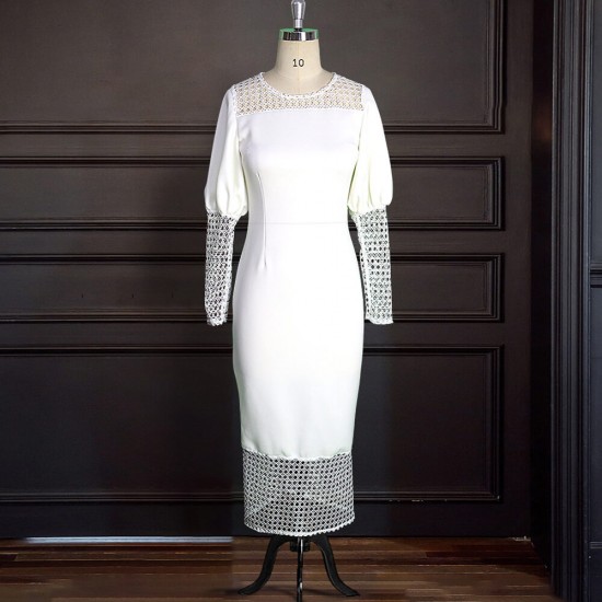 Lantern Sleeve High Waisted Hollow Banquet Party Dress - White |image