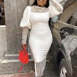 Lantern Sleeve High Waisted Hollow Banquet Party Dress - White 