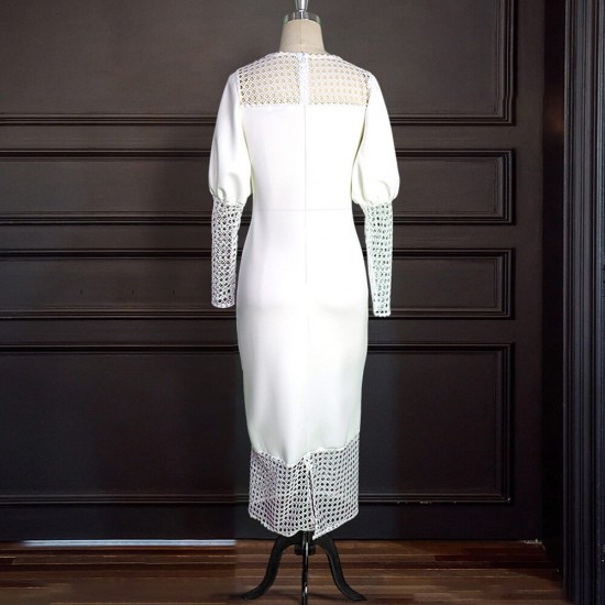 Lantern Sleeve High Waisted Hollow Banquet Party Dress - White |image