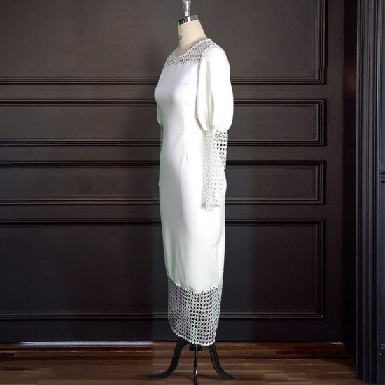 Lantern Sleeve High Waisted Hollow Banquet Party Dress - White |image