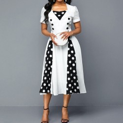 Retro Polka Dot Short Sleeves Buttoned Fashion Dress - White