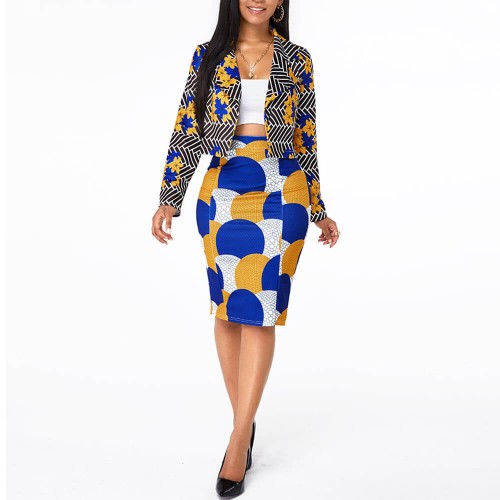 Floral Printed Long Sleeve Two Piece Skirt Suit - Blue |image