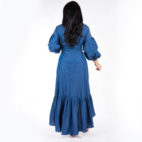 Latest Ruffle Lantern Sleeve V-Neck Denim Maxi Dress - Blue |image