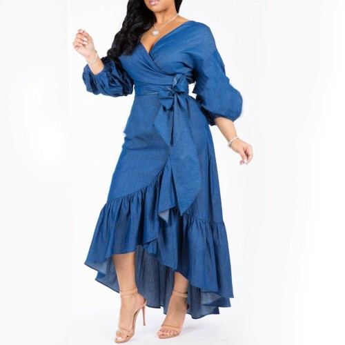 Latest Ruffle Lantern Sleeve V-Neck Denim Maxi Dress - Blue |image