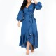 Latest Ruffle Lantern Sleeve V-Neck Denim Maxi Dress - Blue |image