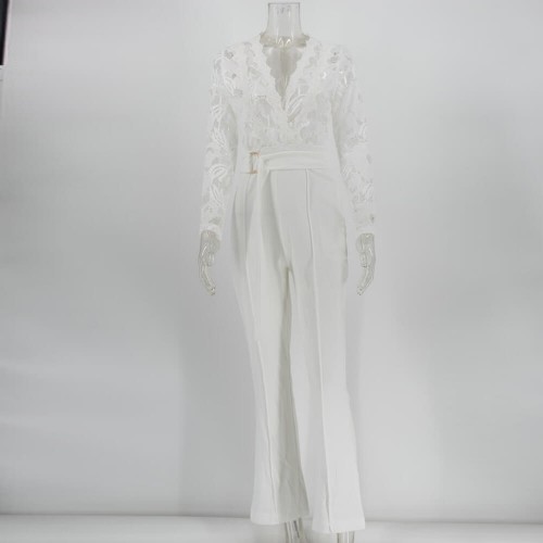 Stylish Hollow Floral Lace Full Sleeves Deep Neck Rompers Dress - White |image