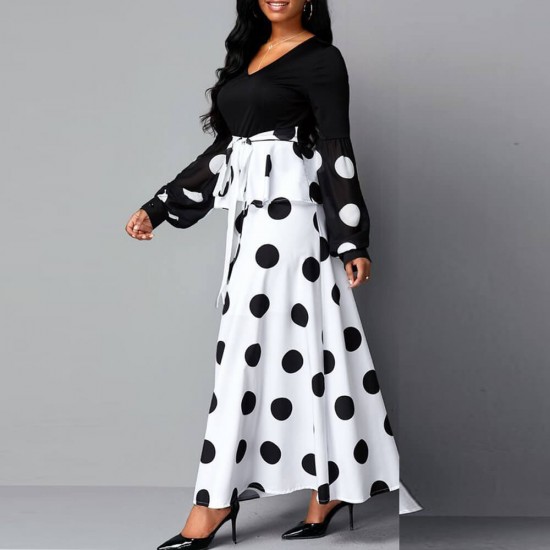 Retro Polka Dot Bishop Sleeve Long Maxi Dress - Black |image