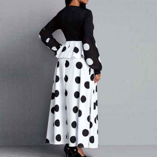 Retro Polka Dot Bishop Sleeve Long Maxi Dress - Black |image