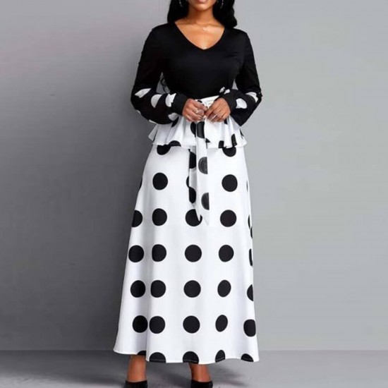 Retro Polka Dot Bishop Sleeve Long Maxi Dress - Black |image