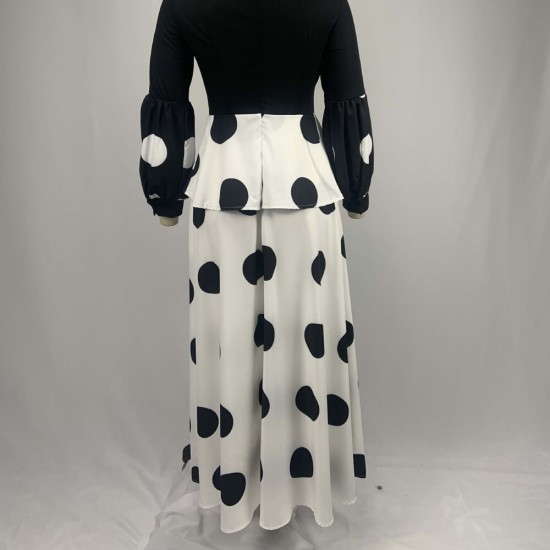 Retro Polka Dot Bishop Sleeve Long Maxi Dress - Black |image