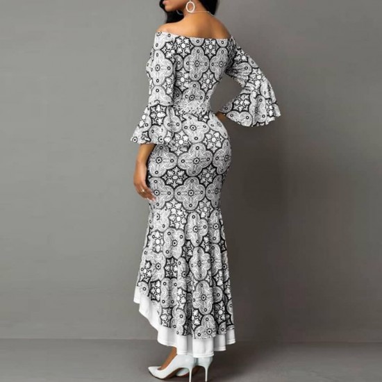 Bell Sleeve Printed Mermaid Style High Waist Maxi Dress -White Bell Sleeve Printed Mermaid Style High Waist Maxi Dress - White |image