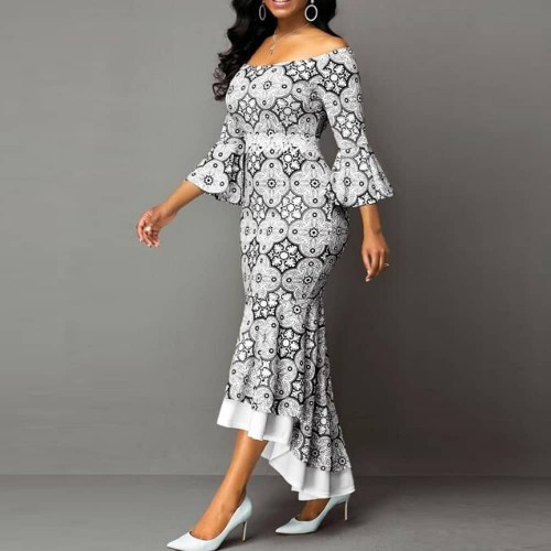 Bell Sleeve Printed Mermaid Style High Waist Maxi Dress - White |image