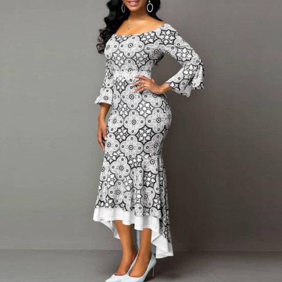 Bell Sleeve Printed Mermaid Style High Waist Maxi Dress -White Bell Sleeve Printed Mermaid Style High Waist Maxi Dress - White |image