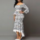 Bell Sleeve Printed Mermaid Style High Waist Maxi Dress - White |image