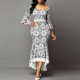 Bell Sleeve Printed Mermaid Style High Waist Maxi Dress - White |image