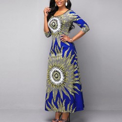 Casual Floral  Printed Long Sleeve Round Neck Maxi Dress - Blue  