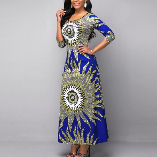 Latest Printed Long Sleeve Round Neck High Waist Maxi Dress - Blue Casual Floral Printed Long Sleeve Round Neck Maxi Dress - Blue |image