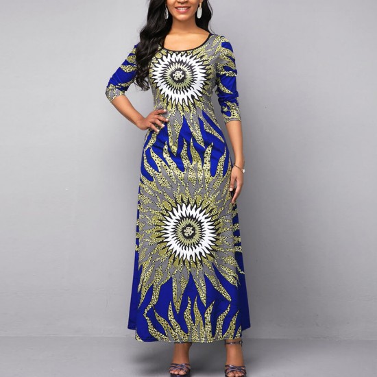 Latest Printed Long Sleeve Round Neck High Waist Maxi Dress - Blue Casual Floral Printed Long Sleeve Round Neck Maxi Dress - Blue |image